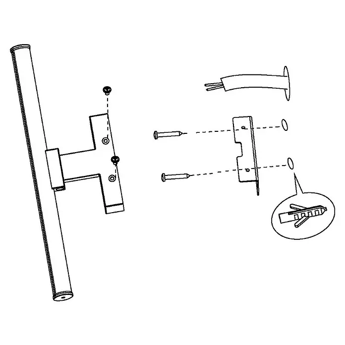 Eglo LED-Spiegelleuchte Vadumi - 7,4 W, L x B x H: 40 x 12,5 x 5 cm, Chron, Weiß, Neutralweiß - Abbildung eines Produktsatzes, der eine lange Stange, eine Halterung und Beschläge für die Installation an einer Wand umfasst.