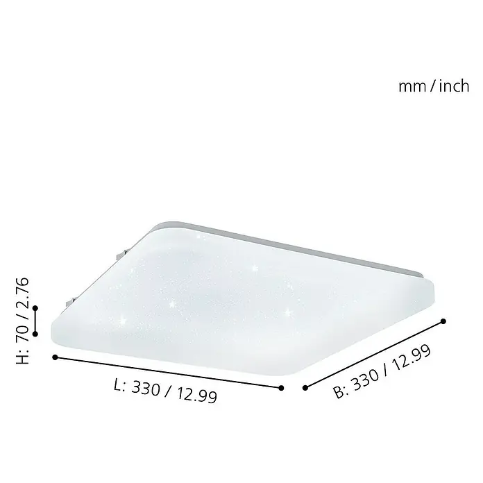 Eglo LED-Wand- & Deckenleuchte Frania-S - 17,3 W, L x B x H: 33 x 33 x 7 cm, Weiß, Warmweiß - Abbildung einer quadratischen LED-Deckenleuchte mit den Maßen Höhe 70 mm, Länge 330 mm und Breite 330 mm.