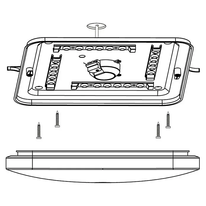 Eglo LED-Wand- & Deckenleuchte Frania-S - 17,3 W, L x B x H: 33 x 33 x 7 cm, Weiß, Warmweiß - Illustration einer zerlegten Deckenleuchte mit Schrauben zur Montage, die eine klare Installationsanleitung bietet.