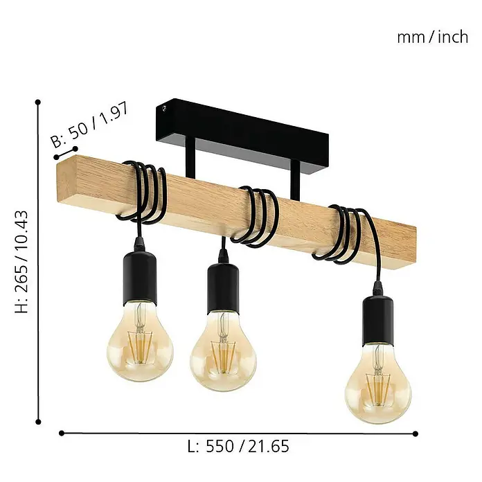 Eglo Townshend Deckenleuchte - 180 W, L x B x H: 55 x 10,5 x 26,5 cm, Braun, Schwarz, 3 Stk., E27 - Eine Deckenleuchte mit drei Glühbirnen, die an einem Holzbalken mit schwarzen Details befestigt sind und die Maße zeigt.