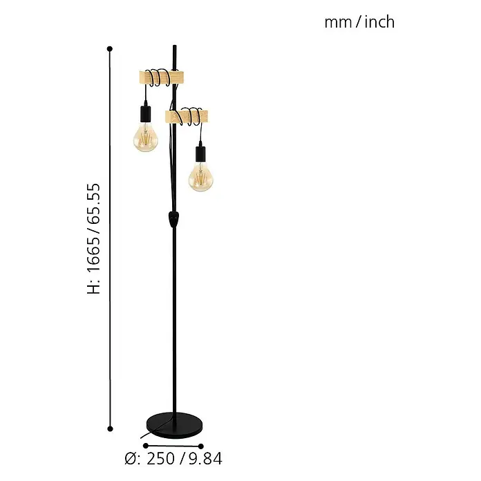 Eglo Townshend Stehleuchte - B x H: 25 x 166,5 cm, Schwarz, Braun - Produktbild: Stehlampe mit rustikalem Design, kombiniert Holz und Metall, inklusive Maßangaben in mm und Zoll für Höhe und Durchmesser.
