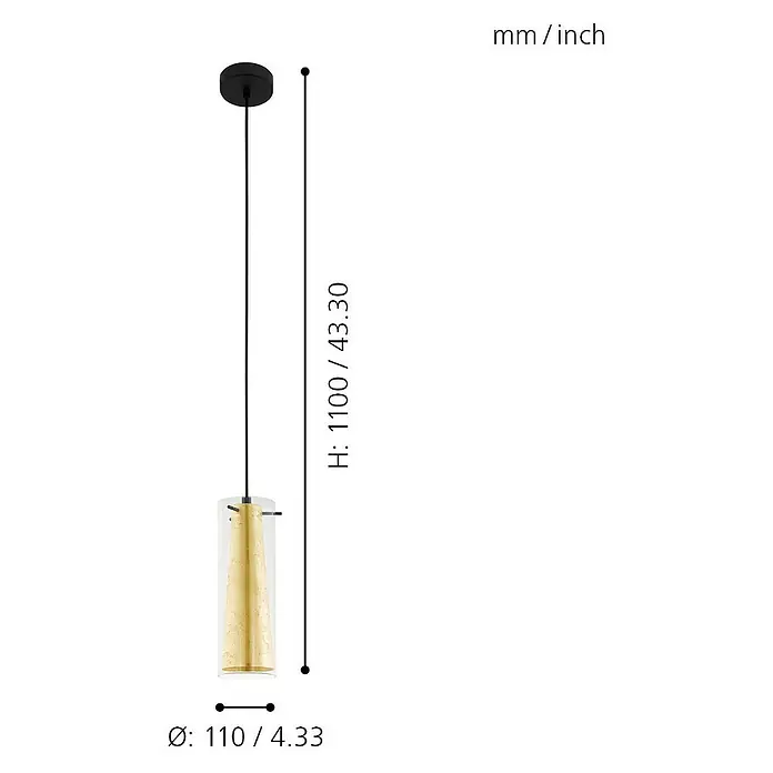 Eglo Pinto Gold Pendelleuchte - Höhe: 110 cm, Max. Systemleistung: 60 W - Abbildung einer stilvollen Pendelleuchte mit goldenem Akzent und transparentem Zylinder, inklusive Maßangaben in mm und Zoll.