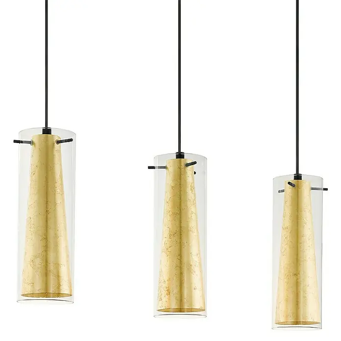 Eglo Pinto Gold Pendelleuchte - Höhe: 110 cm, Max. Systemleistung: 180 W - Drei Pendelleuchten mit goldenen, konischen Lampenschirmen in klaren Glaszylindern, hängend an schwarzen Kabeln.
