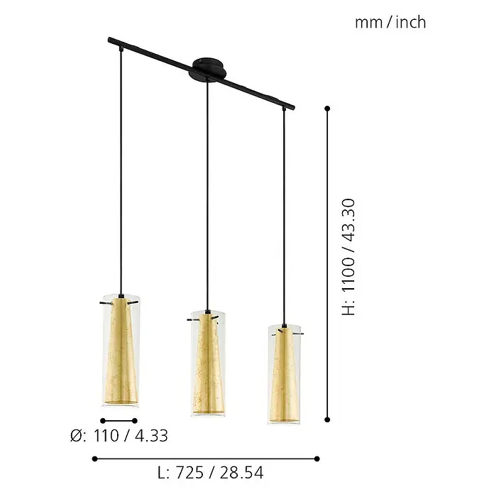 Eglo Pinto Gold Pendelleuchte - Höhe: 110 cm, Max. Systemleistung: 180 W - Ein modernes Pendelleuchte-Design mit drei goldenen Kegeln in klaren Glaszylindern, ideal für stilvolle Innenräume.
