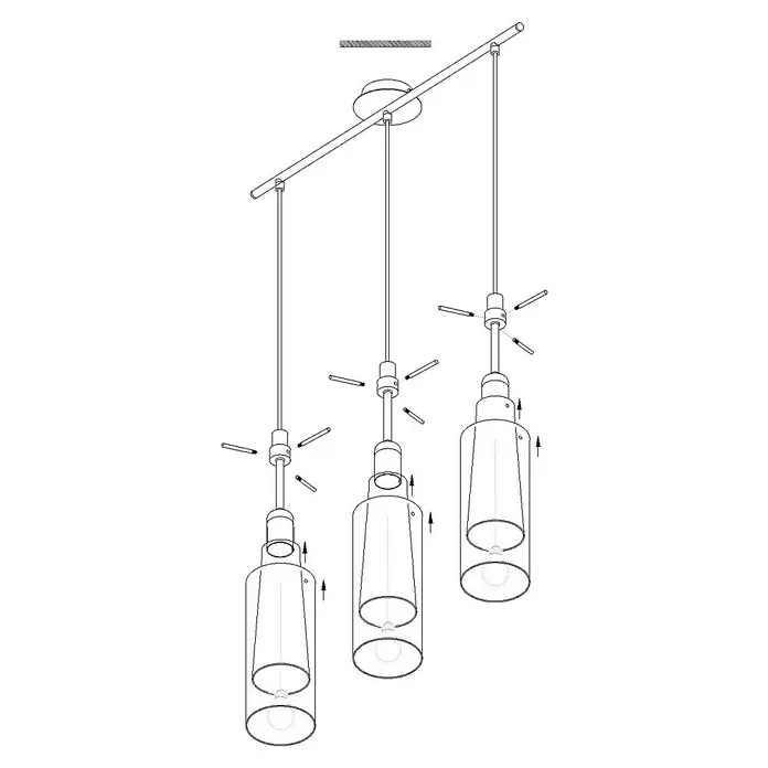 Eglo Pinto Gold Pendelleuchte - Höhe: 110 cm, Max. Systemleistung: 180 W - Skizze einer modernen Hängelampe mit drei zylindrischen Lampenschirmen in verschiedenen Höhen.