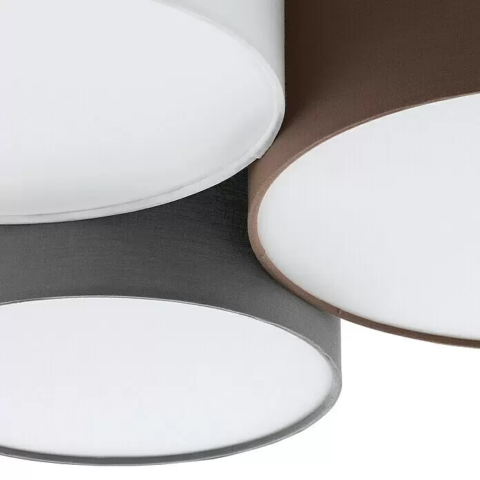 Eglo Deckenleuchte Pastore - 180 W, L x B x H: 61 x 49,5 x 25,5 cm, Grau, Braun, E27 - Drei sich überlappende runde Lampenschirme aus weißem, dunkelgrauem und braunem Stoff.