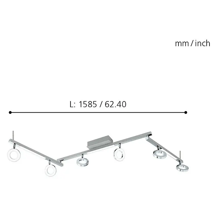 Eglo LED-Deckenstrahler Cardillio 1 - 29,1 W, Chrom, Warmweiß - Abbildung einer modernen, silbernen LED-Deckenleuchte mit fünf Leuchtenringen und einer Maßangabe von 1585 mm / 62.40 inch.