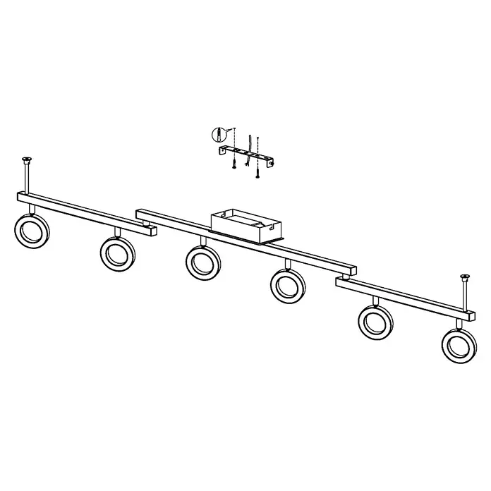 Eglo LED-Deckenstrahler Cardillio 1 - 29,1 W, Chrom, Warmweiß - Abbildung einer modernen Deckenleuchte mit mehreren kreisförmigen Lampen, die an einer langen Stange befestigt sind.