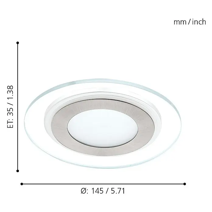 Eglo Downlight LED empotrable Pineda 1 95932 - 12 W, Níquel mate, Blanco cálido - Imagen de un foco empotrable redondo con dimensiones de 145 mm de diámetro y 35 mm de altura, mostradas en milímetros y pulgadas.