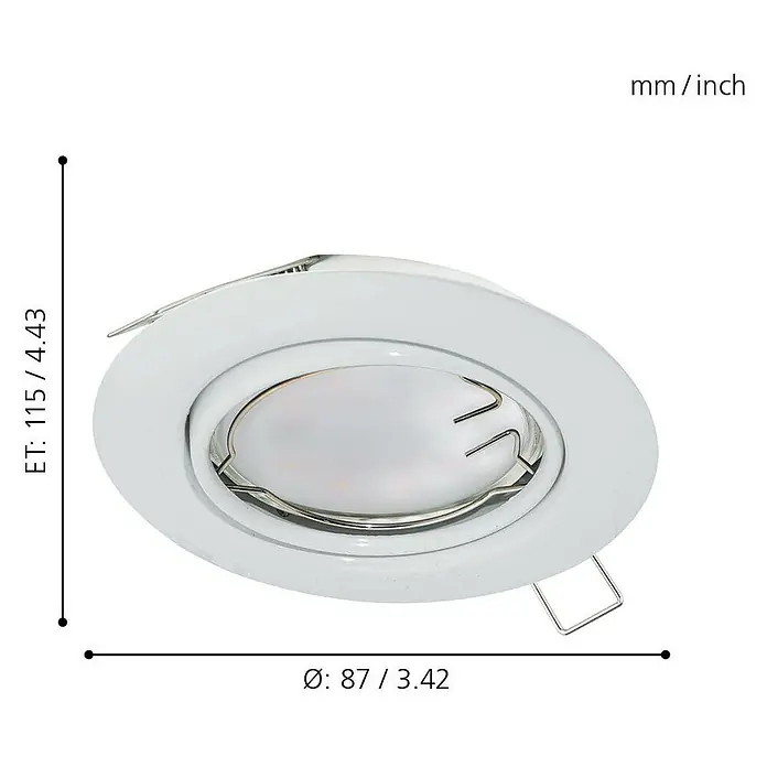 Eglo LED-Einbauleuchte rund Peneto - 15 W, Ø x H: 8,7 x 11,5 cm, Weiß, Warmweiß, Gesamtstückzahl: 3 Stk. - Produktansicht des weißen LED-Einbaustrahlers mit Maßangaben zu Einbautiefe und Durchmesser für präzise Planungsdetails.