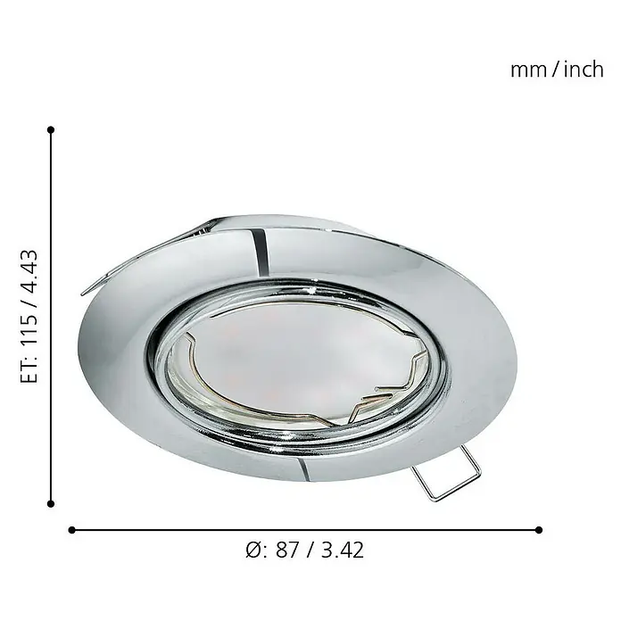 Eglo LED-Einbauleuchten-Set rund Peneto - Warmweiß, Durchmesser: 87 mm, Einbaudurchmesser: 70 mm - Abbildung eines runden, verchromten Deckeneinbaustrahlers mit Maßangaben in Millimeter und Zoll.