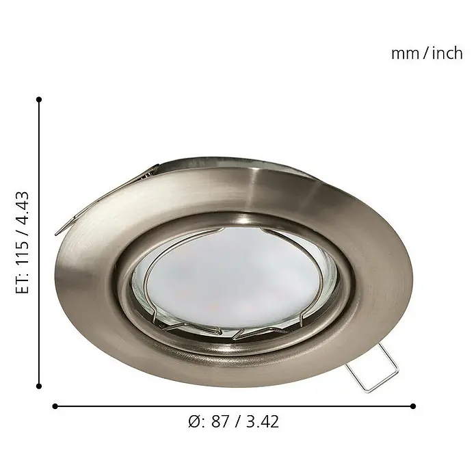 Eglo LED-Einbauleuchte rund Peneto - 15 W, Ø x H: 8,7 x 11,5 cm, Edelstahl, Warmweiß, Gesamtstückzahl: 3 Stk. - Abbildung eines runden, silberfarbenen Deckeneinbaustrahlers mit den Maßen 87/3,42 mm im Durchmesser und 115/4,43 mm in der Höhe.