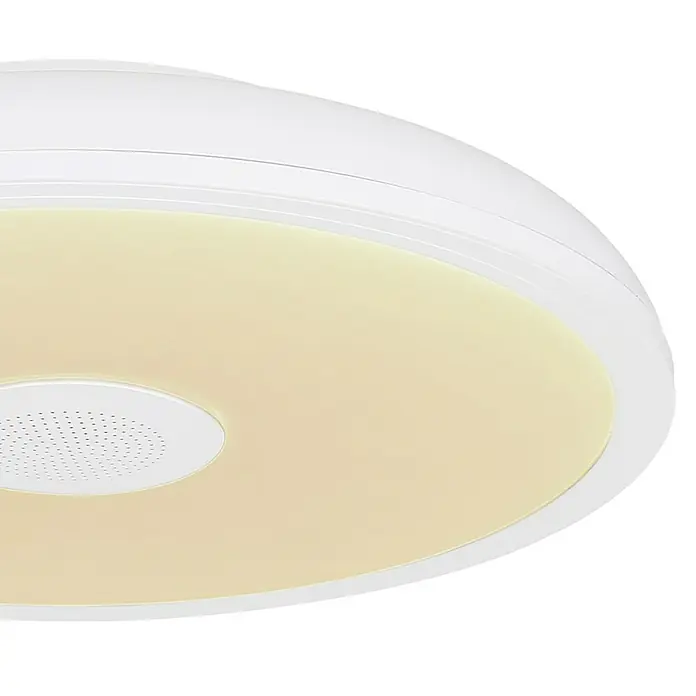 Globo Plafón LED redondo Raffy con altavoz - 18 W, Ø x Al: 28 x 5,5 cm, Blanco, RGBW, Altavoz - Primer plano de una moderna lámpara de techo LED redonda con altavoz integrado y luz blanca cálida.
