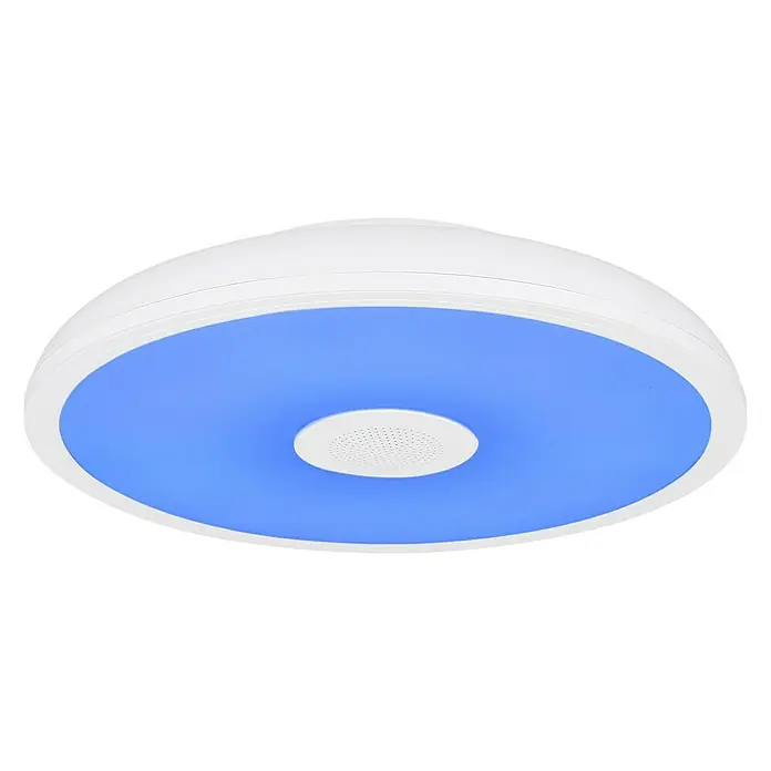 Globo Plafón LED redondo Raffy con altavoz - 18 W, Ø x Al: 28 x 5,5 cm, Blanco, RGBW, Altavoz - Lámpara de techo LED blanca con efecto de iluminación azul y altavoz en el centro, ideal para interiores modernos.
