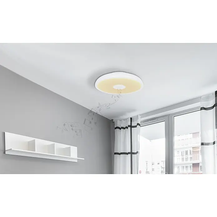 Globo Plafón LED redondo Raffy con altavoz - 18 W, Ø x Al: 28 x 5,5 cm, Blanco, RGBW, Altavoz - Una moderna lámpara de techo LED con función de música, ideal para cualquier espacio habitable, y una práctica estantería en la pared.