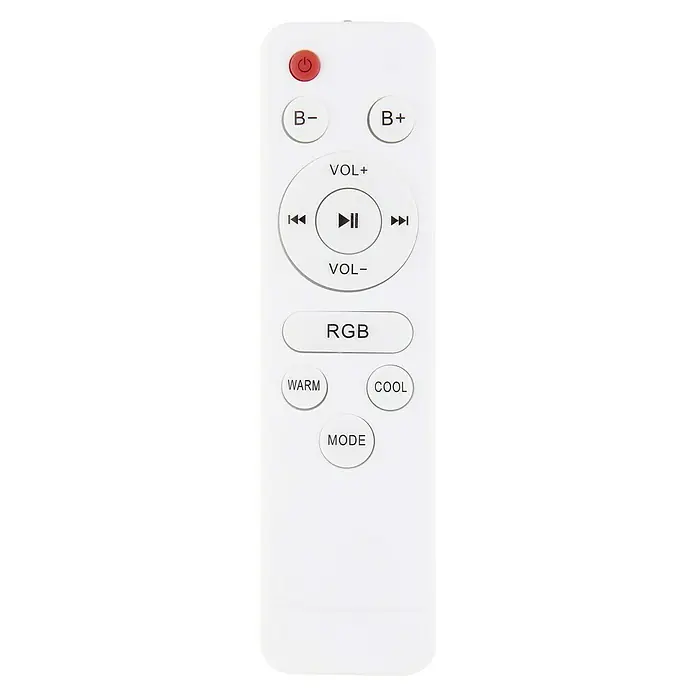 Globo Plafón LED redondo Raffy con altavoz - 18 W, Ø x Al: 28 x 5,5 cm, Blanco, RGBW, Altavoz - El mando a distancia blanco para controlar el brillo, el color y el modo con botones redondos, es claro y fácil de usar.
