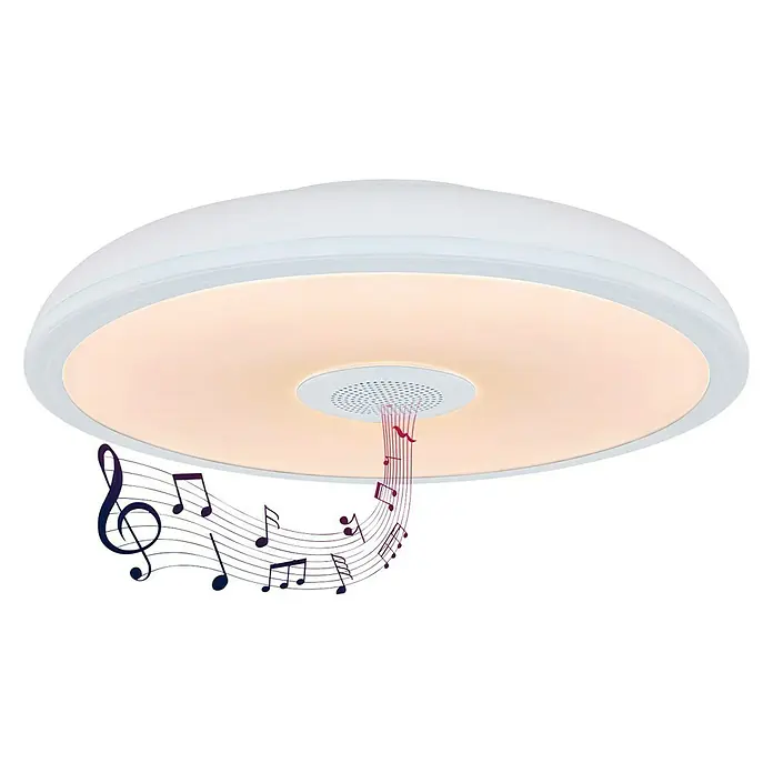 Globo Plafón LED redondo Raffy con altavoz - 18 W, Ø x Al: 28 x 5,5 cm, Blanco, RGBW, Altavoz - Lámpara de techo con música: Moderna lámpara LED de techo con altavoz integrado, ideal para crear iluminación ambiental y disfrutar de la música.