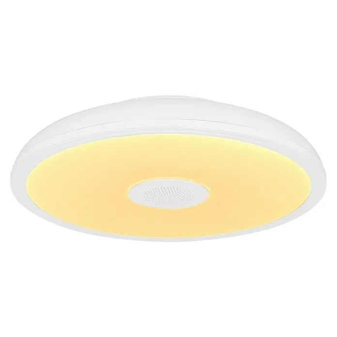 Globo Plafón LED redondo Raffy con altavoz - 18 W, Ø x Al: 28 x 5,5 cm, Blanco, RGBW, Altavoz - Primer plano de una moderna lámpara de techo LED redonda con iluminación cálida y altavoz integrado para una iluminación elegante.