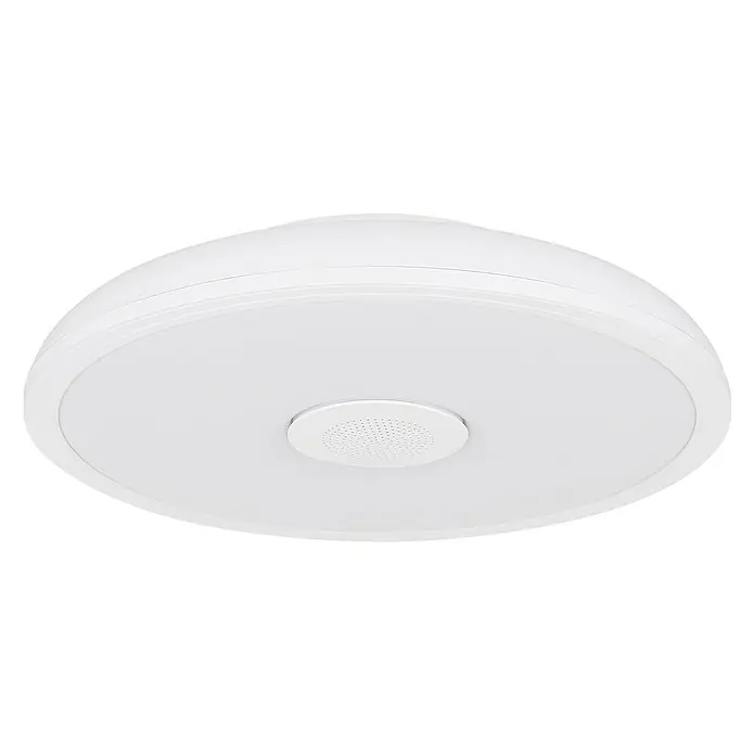 Globo Plafón LED redondo Raffy con altavoz - 18 W, Ø x Al: 28 x 5,5 cm, Blanco, RGBW, Altavoz - Lámpara de techo LED blanca con altavoz integrado para un ambiente moderno y música.