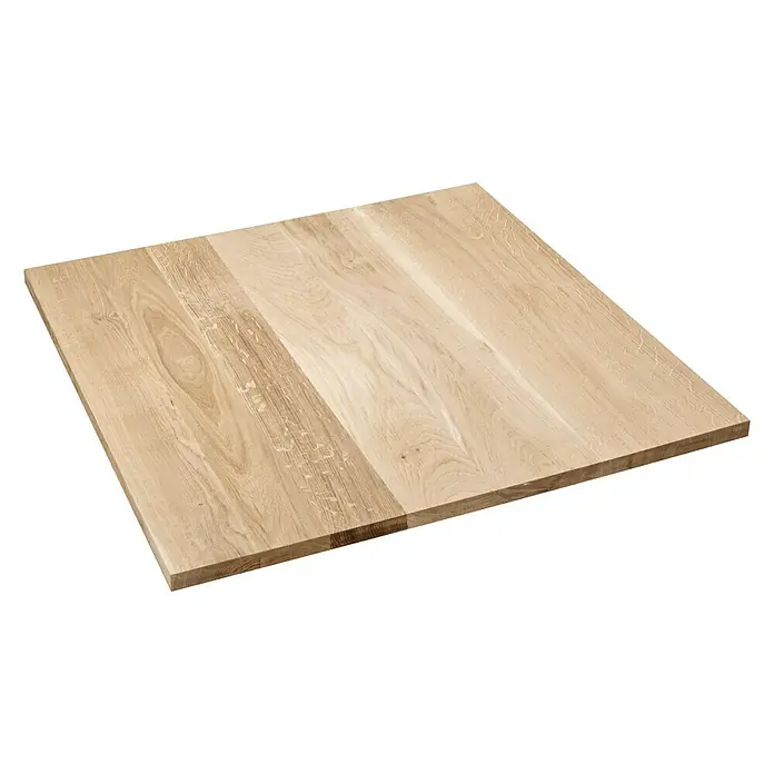 Tischplatte - Eiche, 80 x 80 x 2,6 cm - Eine quadratische Tischplatte aus hellem Holz mit einer sichtbaren Maserung, ideal für Möbeldesigns, die natürliche Materialien betonen.
