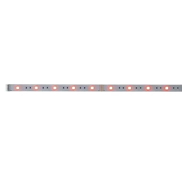 Paulmann MaxLED 250 Tira LED - Largo: 1 m, Color de luz: RGBW, 7 W, 270 lm, Ámbito de aplicación: Para interior - Primer plano de una tira LED con luces rojas sobre un fondo negro, que muestra una solución de iluminación moderna.