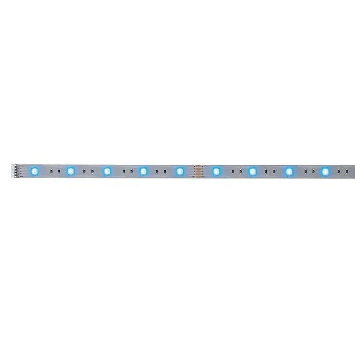 Paulmann MaxLED 250 Tira LED - Largo: 1 m, Color de luz: RGBW, 7 W, 270 lm, Ámbito de aplicación: Para interior - Primer plano de una tira de LED con luces azules sobre un fondo negro, destacando un producto de iluminación moderno y energéticamente eficiente.
