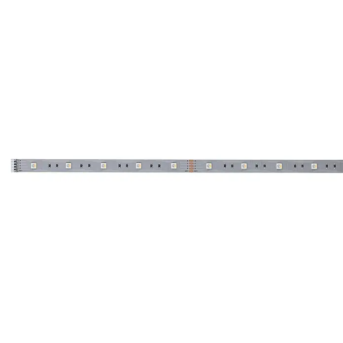Paulmann MaxLED 250 Tira LED - Largo: 1 m, Color de luz: RGBW, 7 W, 270 lm, Ámbito de aplicación: Para interior - Toma de una tira de LED sobre un fondo negro, destacando los detalles de las pequeñas luces.