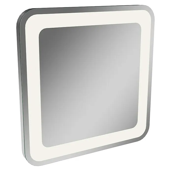 Badmöbel-Set MO60G1 - Gesamtbreite Badmöbel: 60 cm, Grafit, Hochglänzend, 3 -tlg. - Quadratischer LED-beleuchteter Spiegel mit abgerundeten Ecken und einem schlanken silbernen Rahmen für ein modernes und elegantes Badezimmerdesign.