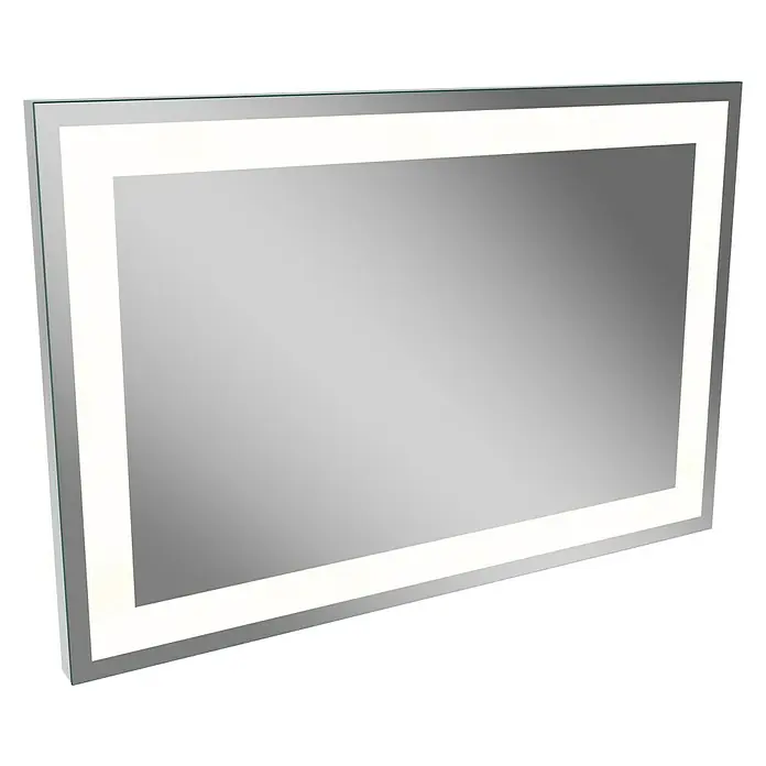 Lanzet K5 Badmöbel-Set K59B1 - 87,9 cm, Berg Eiche - Nahaufnahme eines rechteckigen Spiegels mit LED-Beleuchtung. Das Licht betont die modernen Linien des Spiegels und seine klare Oberfläche.