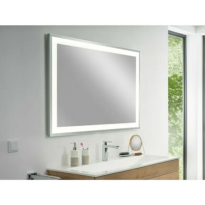 Camargue Stella LED-Lichtspiegel - 120 x 84 cm - Beleuchteter rechteckiger Badezimmerspiegel mit Waschbecken und Armaturen für ein stilvolles und modernes Badezimmerambiente.