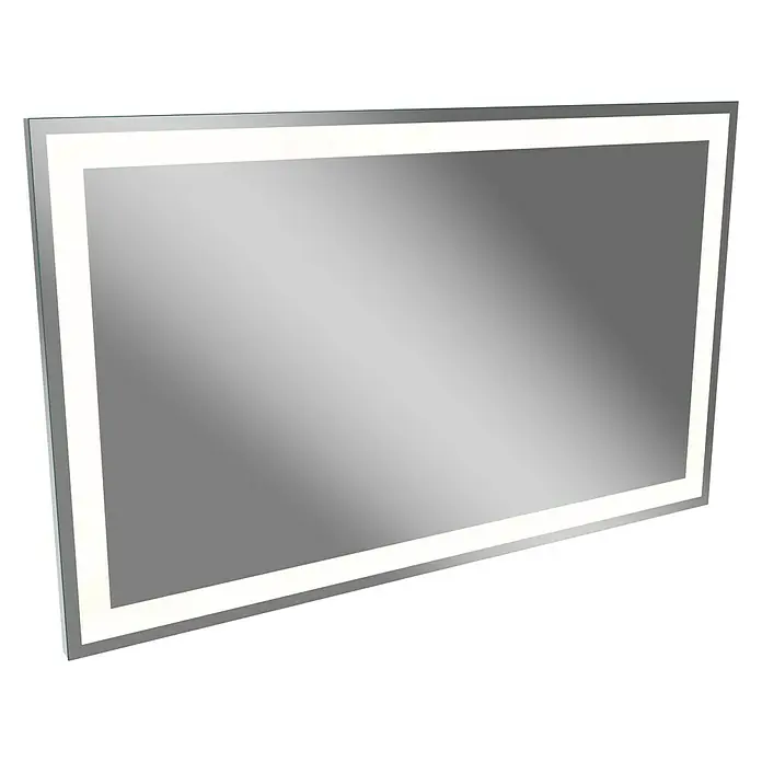 Camargue Stella LED-Lichtspiegel - 138 x 84 cm, Mit eckigen Kanten - Ein rechteckiger beleuchteter Spiegel mit silbernem Rahmen auf schwarzem Hintergrund. Eleganter Spiegel für stilvolle Badezimmer.