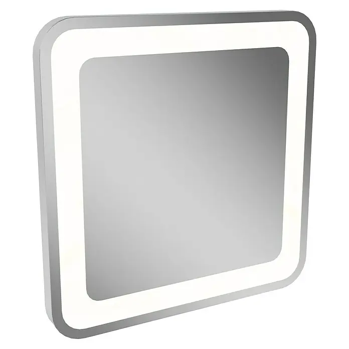 Camargue Stella LED-Lichtspiegel - 60 x 60 cm, Mit abgerundeten Kanten - Nahaufnahme eines quadratischen LED-beleuchteten Spiegels mit abgerundeten Ecken und einem silbernen Rahmen.