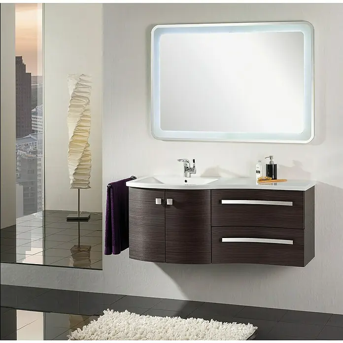 Camargue Stella LED-Lichtspiegel - 120 x 84 cm, Mit abgerundeten Kanten - Modernes Badezimmer-Waschbecken mit Spiegel und Schubladen in dunklem Holzdesign.