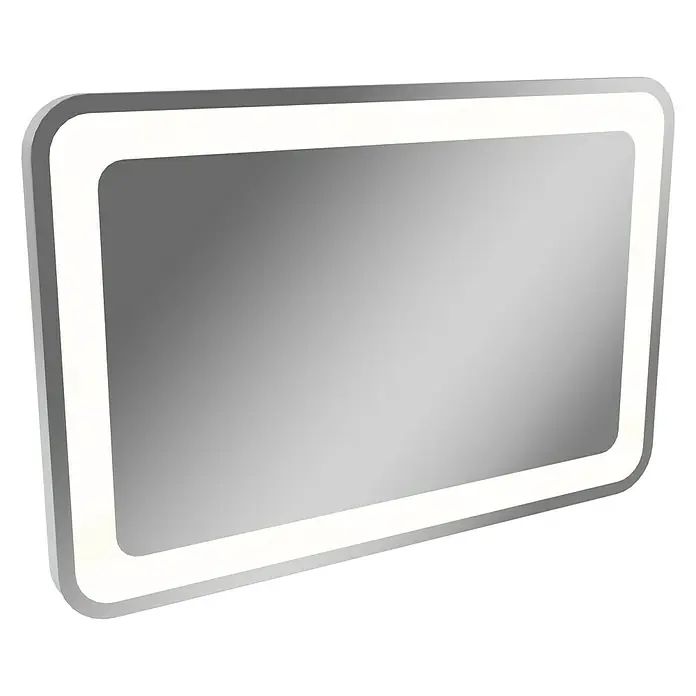 Camargue Badmöbel-Set - Weiß, Glänzend, 90 cm, 3 -tlg., 20,16 W - Nahaufnahme eines rechteckigen Spiegels mit LED-Beleuchtung, ideal für Badezimmer und andere Räume.