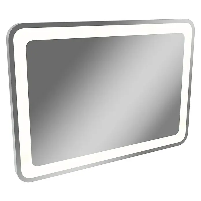 Camargue Stella LED-Lichtspiegel - 100 x 70 cm, Mit abgerundeten Kanten - Nahaufnahme eines rechteckigen Spiegels mit integrierter LED-Beleuchtung und abgerundeten Ecken.