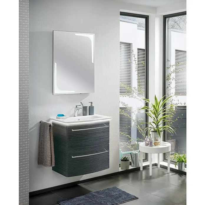 Camargue Lichtspiegel Stella Style - 60,2 x 80,2 cm - Badezimmer-Waschtisch mit Unterschrank, beleuchtetem Spiegel und weißen Aufsatzwaschbecken, ideal für ein modernes Bad.