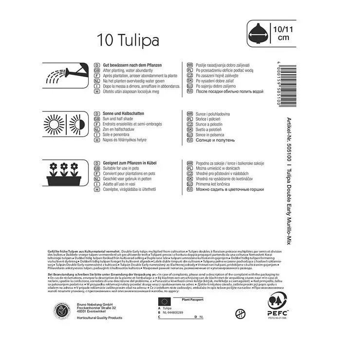 Kiepenkerl Blumenzwiebeln - Tulipa 'Murillo Mix', 10 Stk. - Produktverpackung für 10 Tulipa Double Early Murillo-Mix Blumenzwiebeln, ideal für sonnige bis halbschattige Standorte und Kübelbepflanzung.