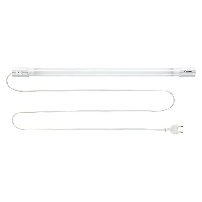 Osram LED-Unterbauleuchte TubeKIT - 8,9 W, Länge: 600 mm, Warmweiß - Das Bild zeigt eine LEDVANCE Tube KIT LED-Leuchte mit Kabel und Stecker, ideal für die Innenbeleuchtung. Die Lampe ist weiß und hat einen Schalter.