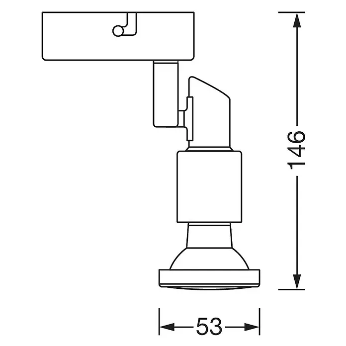 Osram LED-Deckenstrahler - 2,6 W, L x B x H: 80 x 80 x 130 mm, Nickel matt, Warmweiß, 1 Stk. - Technische Zeichnung einer dimmbaren LED-Deckenleuchte in Schwarz, Maße 53 x 146 mm.
