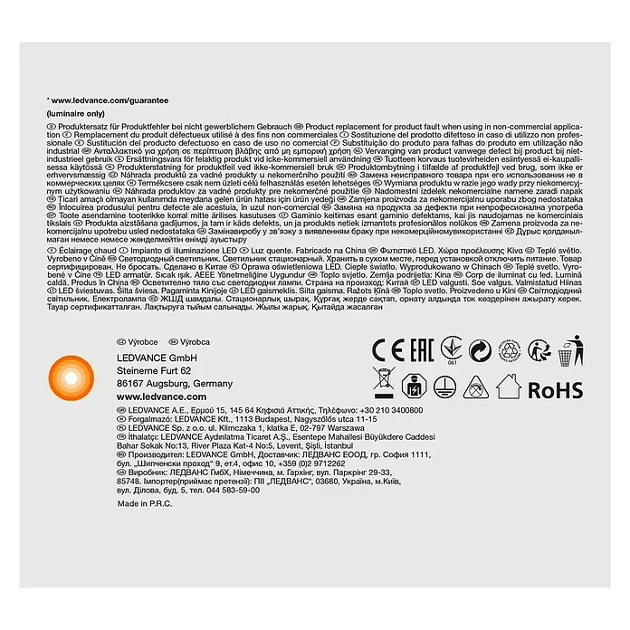 Osram LED-Deckenstrahler - 2,6 W, L x B x H: 80 x 80 x 130 mm, Nickel matt, Warmweiß, 1 Stk. - Produktinformationen und Garantiehinweise für eine LEDVANCE Leuchte, einschließlich Kontaktdaten und Herstellungsort.