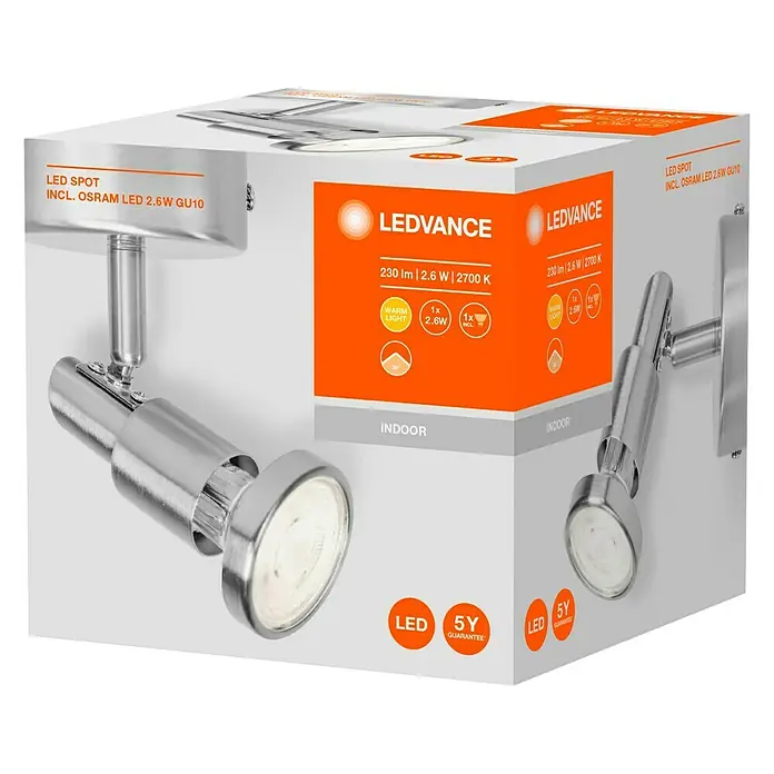 Osram LED-Deckenstrahler - 2,6 W, L x B x H: 80 x 80 x 130 mm, Nickel matt, Warmweiß, 1 Stk. - Bild einer Verpackung für LED-Strahler inklusive Osram LED 2.6W GU10 von Ledvance mit 5 Jahren Garantie für den Innenbereich.