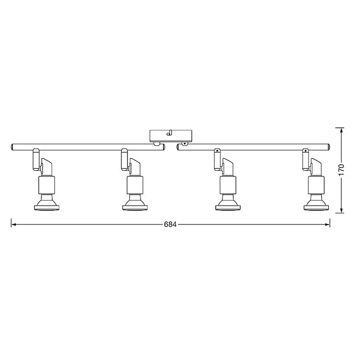 Osram LED-Deckenstrahler - 10,4 W, L x B x H: 675 x 80 x 155 mm, Nickel matt, Warmweiß, 4 Stk. - Abbildung einer LED-Schiene mit vier Strahlern, die eine elegante Beleuchtungslösung für moderne Innenräume bietet.