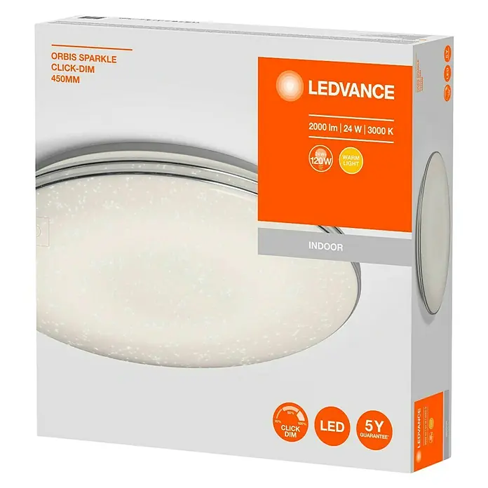Ledvance Plafón LED para pared y techo Silara Sparkle - 24 W, Blanco cálido, Temperatura del color: 3.000 K - Primer plano del embalaje de la lámpara LEDVANCE Orbis Sparkle Click-Dim, una lámpara de techo redonda con efecto brillante.
