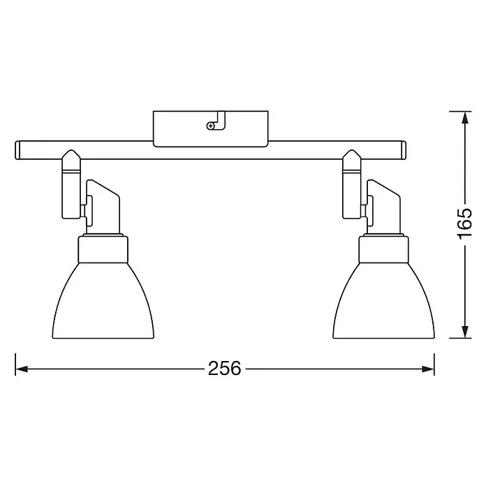 Osram Regleta LED 827 - 4 W, L x An x Al: 27,5 x 8 x 16 cm, Blanco/Plateado, Blanco cálido - Ilustración de una lámpara de techo de doble foco con dimensiones. El diseño lineal y los focos ajustables ofrecen soluciones de iluminación flexibles.