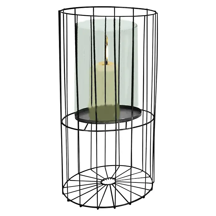 Windlicht Metall - Ø x H: 11,5 x 26 cm, Schwarz - Elegante schwarze Drahtlaterne mit Kerze und Glaswindschutz, die warmes Licht verbreitet und eine gemütliche Atmosphäre schafft.