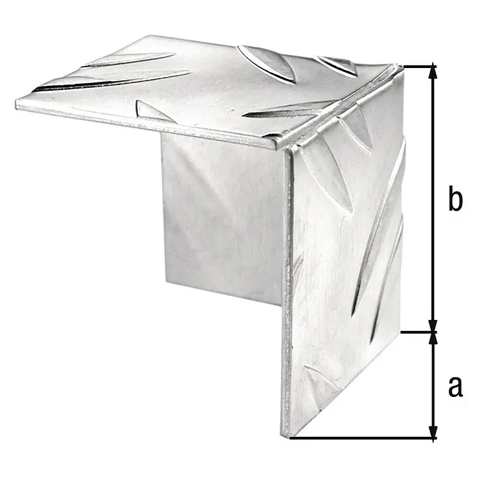 Alberts Escuadra esquinera - L x An: 35,5 x 35,5 mm, Aluminio - Primer plano de una escuadra de esquina metálica con patrón en relieve y dimensiones para aficionados al bricolaje.