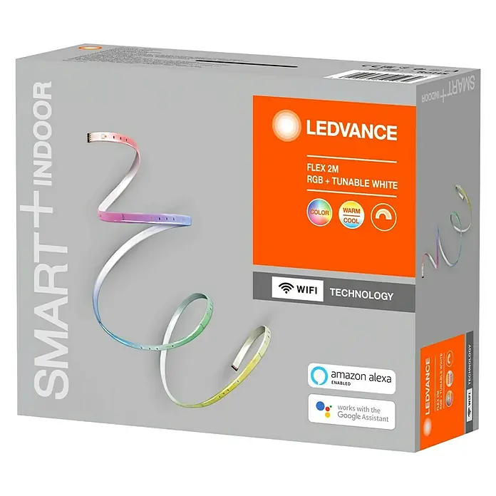 Ledvance Smart+ WiFi Smart-LED-Band Flex Basisset - Länge: 2 m, RGB, 8,5 W, 550 lm - Produktverpackung der LEDVANCE Smart+ Indoor Flex 2M RGB-Lichtleiste, die farbige und tunable weiße Beleuchtung bietet und mit WiFi-Technologie ausgestattet ist.