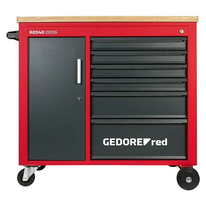 Gedore red Werkstattwagen Mechanic Plus - Ohne Werkzeug, Anzahl Schubladen: 6 Stk., Anzahl Fächer: 1 Stk. - Werkstattwagen mit mehreren Schubladen und einem Schrankfach. Praktisch und geräumig für Werkzeuge und Zubehör.