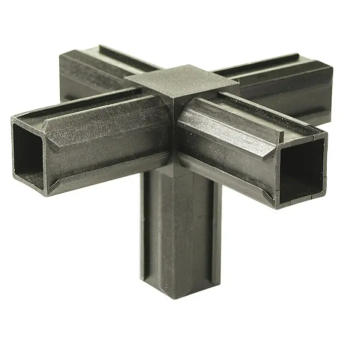 Stabilit Elemento de unión en cruz XD - L x An x Es: 121 x 121 x 15 mm, Poliamida, Negro, 5 Pernos - Conector de esquina de plástico negro con cuatro aberturas rectangulares y un soporte hacia abajo para construcciones.
