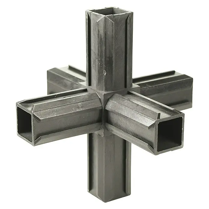 Stabilit Elemento de unión en cruz XD - L x An x Es: 121 x 121 x 15 mm, Poliamida, Negro, 6 Pernos - Imagen de un conector gris en forma de cubo, ideal para construcciones modulares y fabricación de muebles, mostrado sobre un fondo negro.
